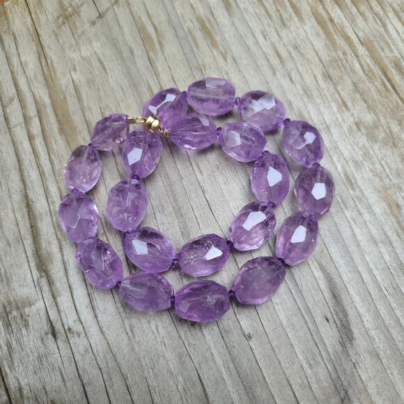 Faceted Amethyst Bead Necklace w 14k Solid Yellow Gold Magnetic Clasp 16” Long - Picture 5 of 8